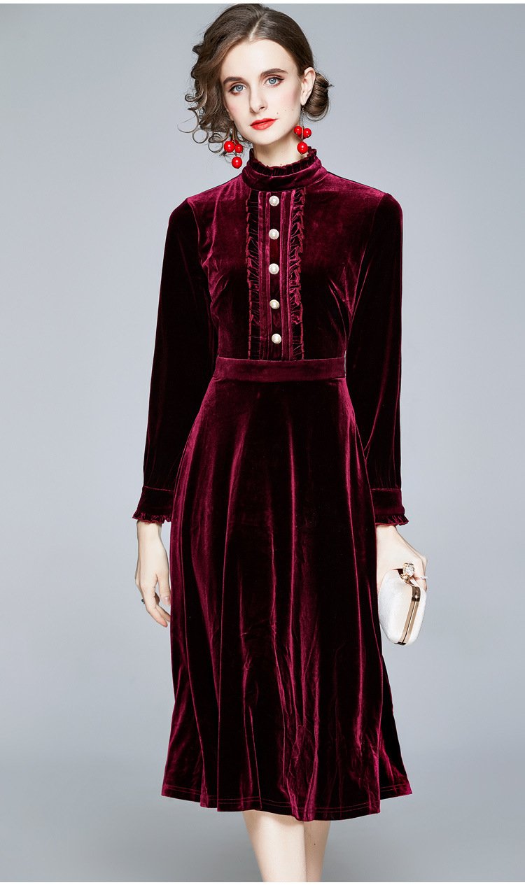 Red Velvet Pearl Button Single-breasted Midi Dresses
