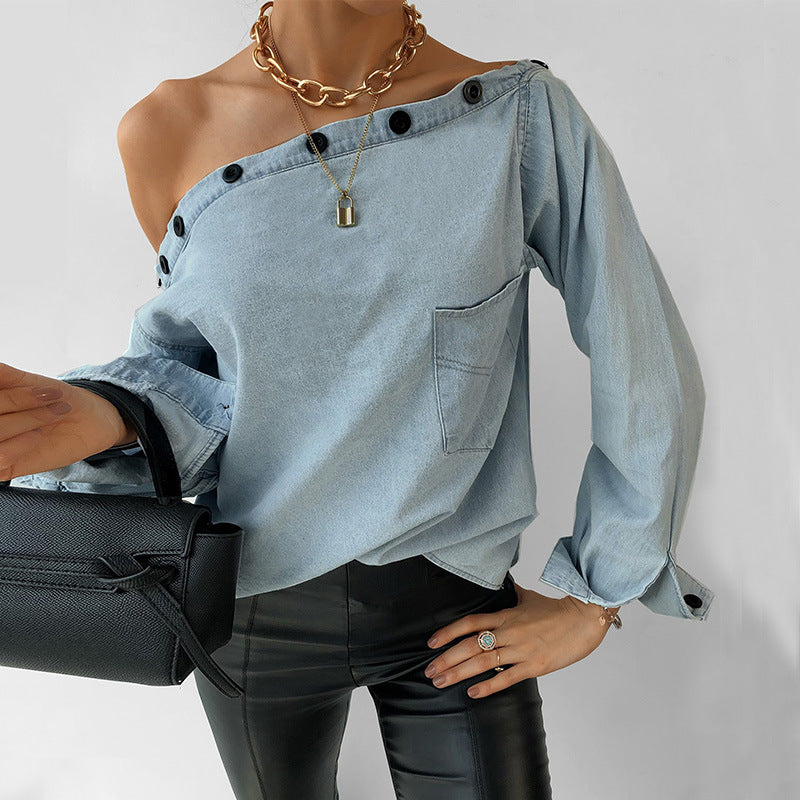 Casual One Shoulder Botton Collar Denim Shirt Blouses