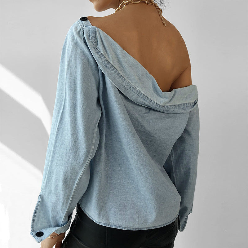 Casual One Shoulder Botton Collar Denim Shirt Blouses