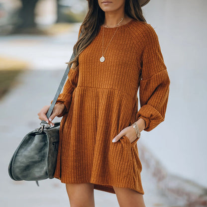 Casual Round Neck Knit Sweaters Pocket Mini Dresses