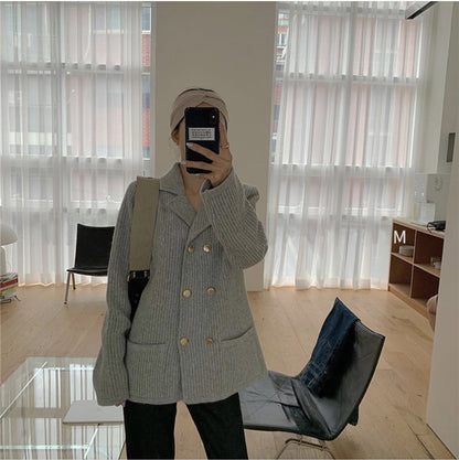 Pile Collar Double Breasted Knitted Sweaters Outerwear Apricot