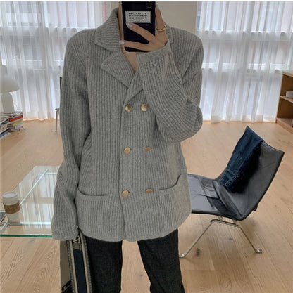 Pile Collar Double Breasted Knitted Sweaters Outerwear Apricot Gray