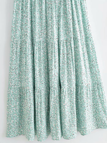 Floral Puff Sleeve Round Neck Shirred Frill Midi Dresses