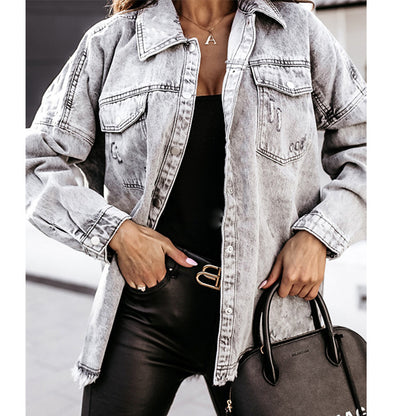 Single-breasted Pile Collar Denim Tassel Hem Outerwear Cardigans