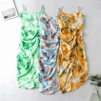 Tie Dye Vintage Irregular Hem Floral Bodycon Party Midi Dresses
