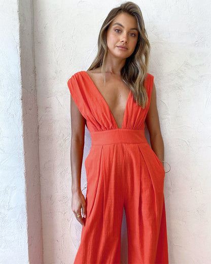 Plunging Neck Backless Wide-leg Jumpsuits