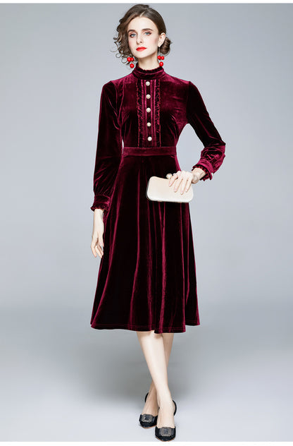 Red Velvet Pearl Button Single-breasted Midi Dresses