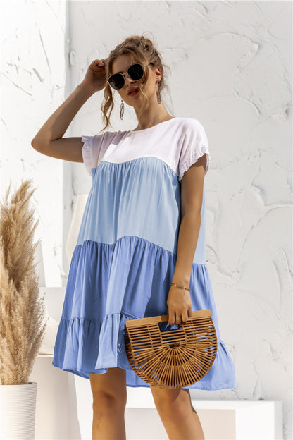Round Neck Ruffled Hem Vacation Mini Dresses