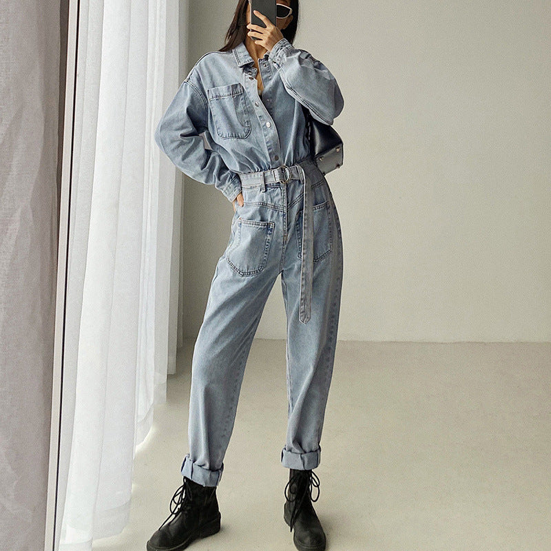 Pile Collar Lace-up Single-breasted Denim Jumpsuits