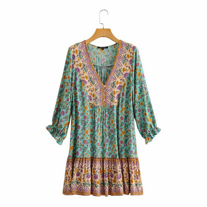 Boho Bohemia V-neck Single-breasted Ruffled Floral Mini Dresses
