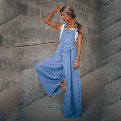 Loose Denim Pockets Strap Elastic Waist Overalls Jumpsuits