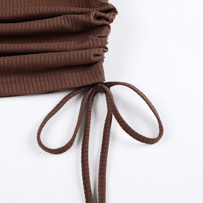Knit High Collar Drawstring Sweaters Crop Tops Blouses
