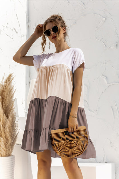 Round Neck Ruffled Hem Vacation Mini Dresses