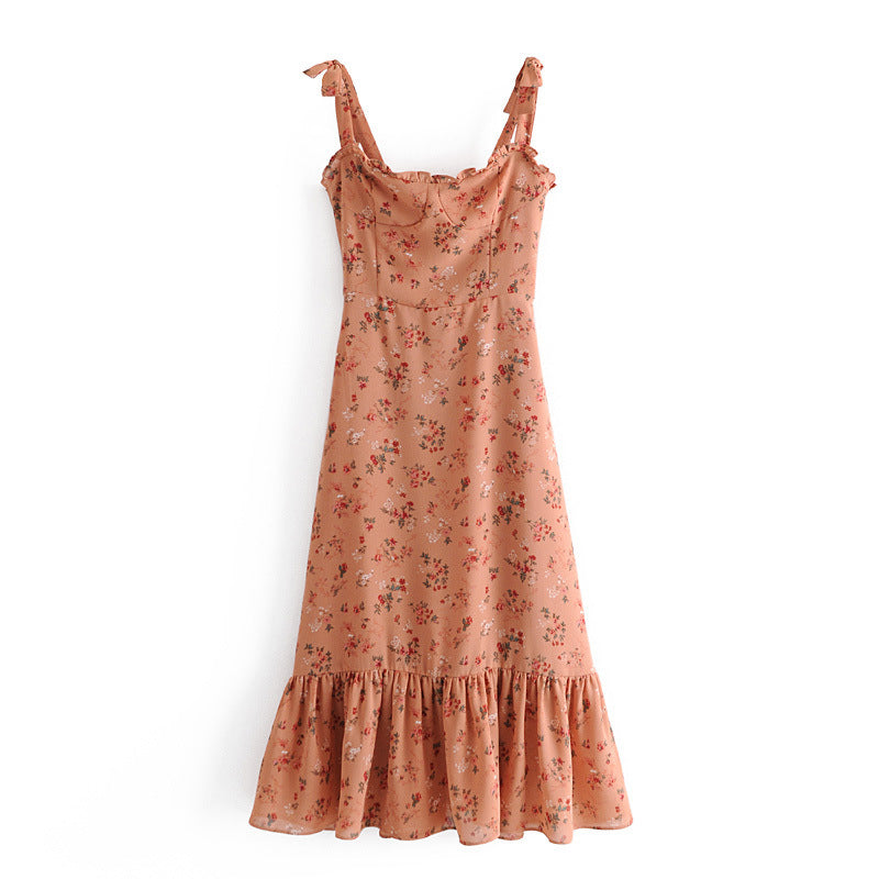 Chiffon Strappy Vintage Floral Lace-up Maxi Midi Dresses