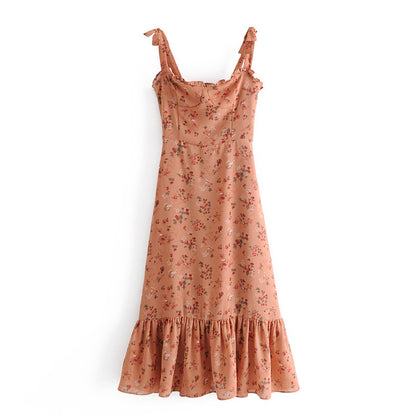 Chiffon Strappy Vintage Floral Lace-up Maxi Midi Dresses