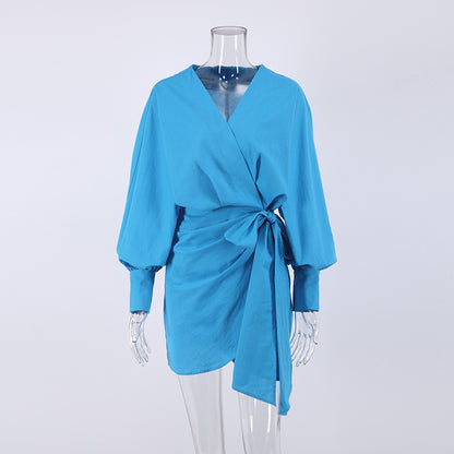 V-neck Vacation Linen Lace-up Mini Dresses