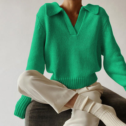 V-neck Knit Pile Collar Polo Sweaters Top