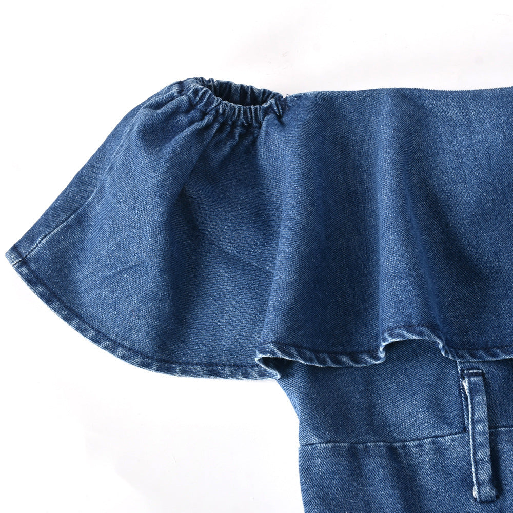 Tube Top One Shoulder Wide-leg Ruffles Denim Jumpsuit