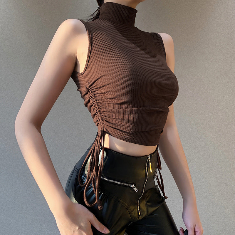Knit High Collar Drawstring Sweaters Crop Tops Blouses