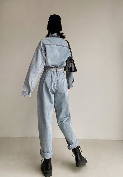 Pile Collar Lace-up Single-breasted Denim Jumpsuits