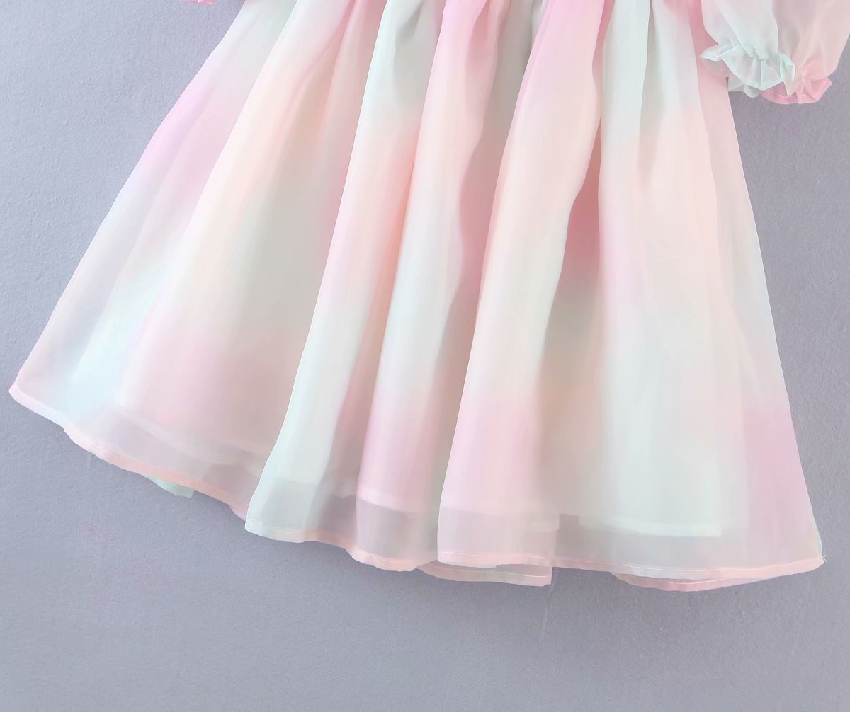 Tie Dye Rainbow Puff Bubble Sleeve Off Shoulder Mini Dresses