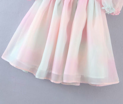 Tie Dye Rainbow Puff Bubble Sleeve Off Shoulder Mini Dresses