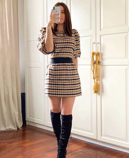 Puff Sleeve Round Neck Grid Bodycon Mini Dresses
