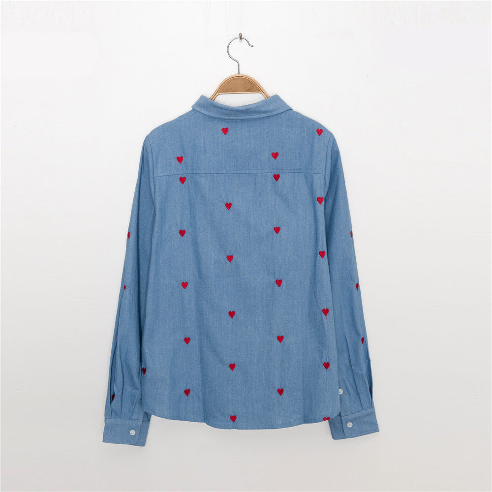 Single-breasted Love Shape Embroidery Lapel Denim Shirts