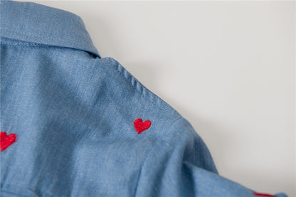 Single-breasted Love Shape Embroidery Lapel Denim Shirts