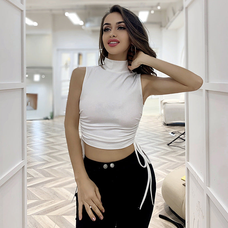 Knit High Collar Drawstring Sweaters Crop Tops Blouses