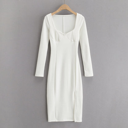 Vintage Square Collar Knit Sweater Midi Dresses