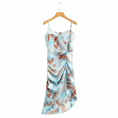 Tie Dye Vintage Irregular Hem Floral Bodycon Party Midi Dresses