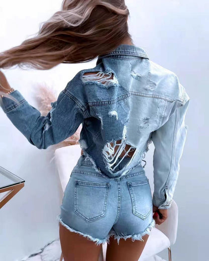 Pile Collar Denim Hole Tassel Outerwear Cardigans Jacket