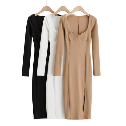 Vintage Square Collar Knit Sweater Midi Dresses
