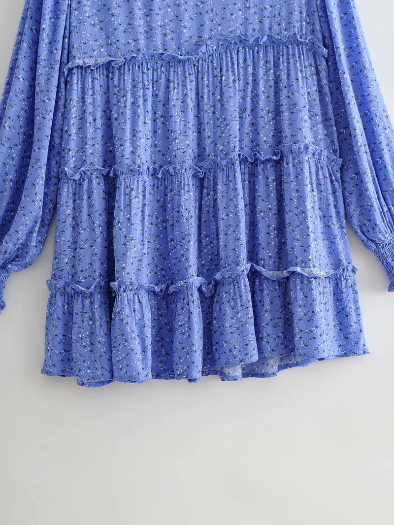 Floral Ruffled Shirred Frill Elastic Sleeve Vacation Mini Dresses