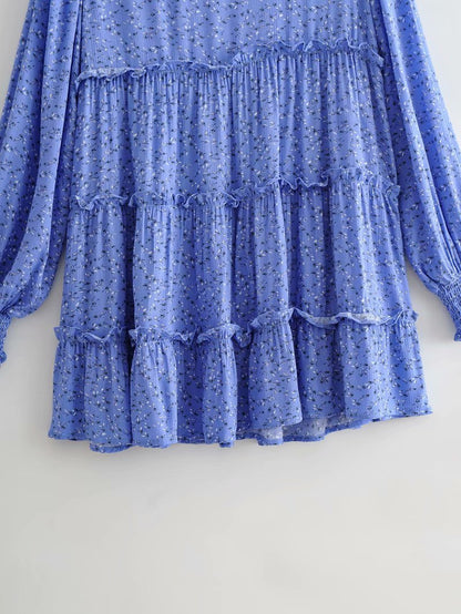 Floral Ruffled Shirred Frill Elastic Sleeve Vacation Mini Dresses