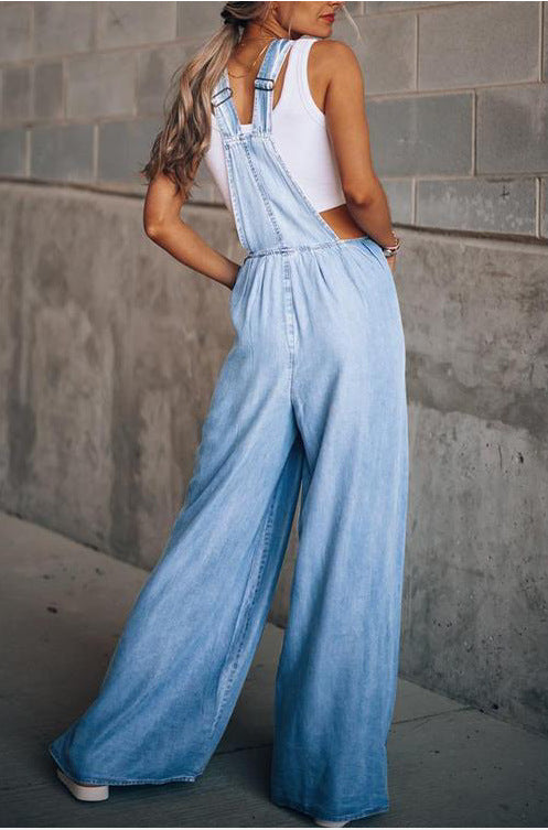 Loose Denim Pockets Strap Elastic Waist Overalls Jumpsuits