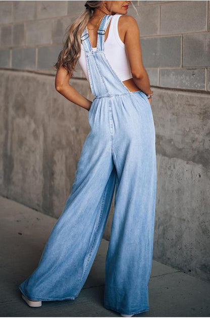 Loose Denim Pockets Strap Elastic Waist Overalls Jumpsuits