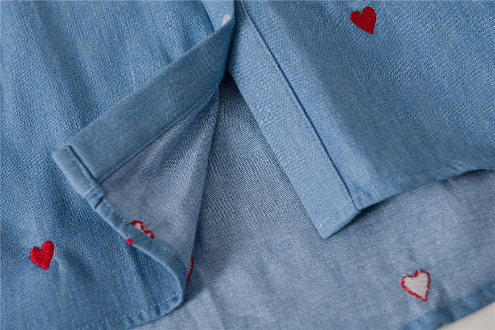 Single-breasted Love Shape Embroidery Lapel Denim Shirts