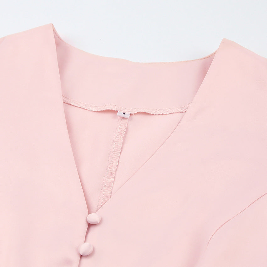 Pink V-neck Lantern Sleeve Single-breasted Skater Party Mini Dresses