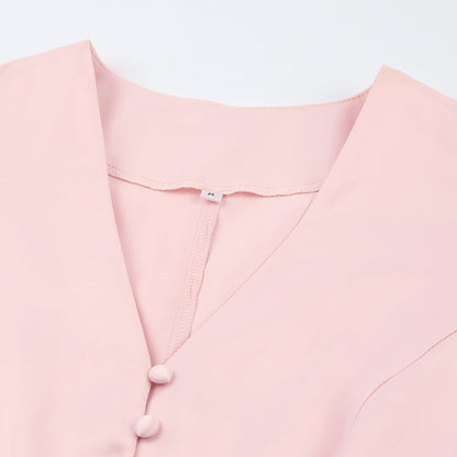 Pink V-neck Lantern Sleeve Single-breasted Skater Party Mini Dresses