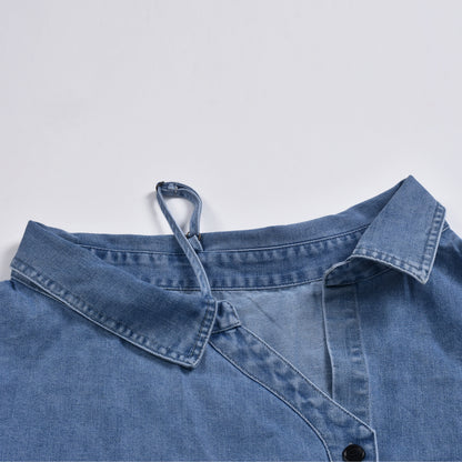 Off Shoulder Sling Lantern Sleeve Single-breasted Denim Shirt Mini Dresses
