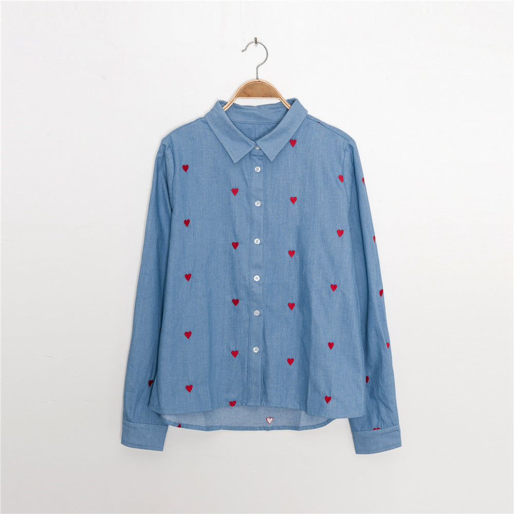 Single-breasted Love Shape Embroidery Lapel Denim Shirts