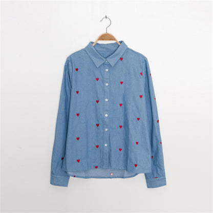 Single-breasted Love Shape Embroidery Lapel Denim Shirts