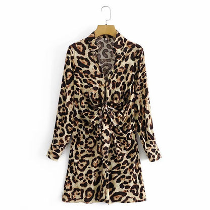 Lace-up Leopard Lapel Floral Mini Dresses