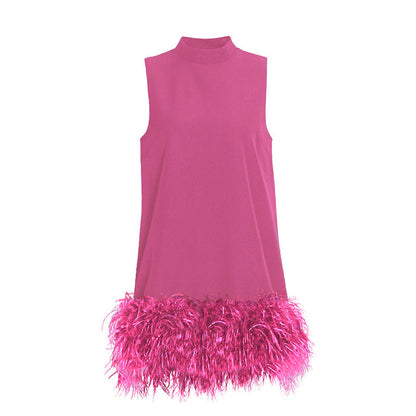 High Collar Tassel Feather Party Mini Dresses