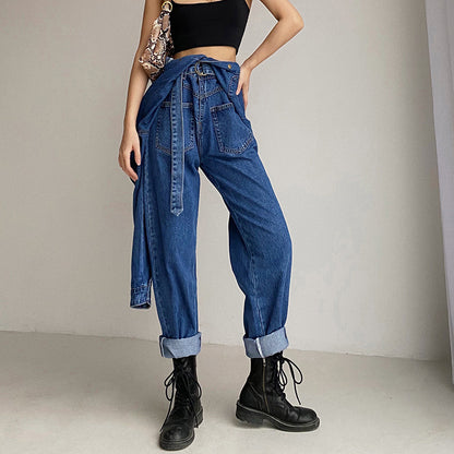 Pile Collar Lace-up Single-breasted Denim Jumpsuits