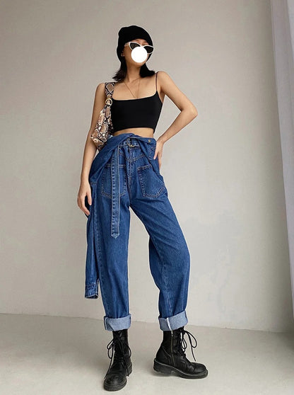 Pile Collar Lace-up Single-breasted Denim Jumpsuits