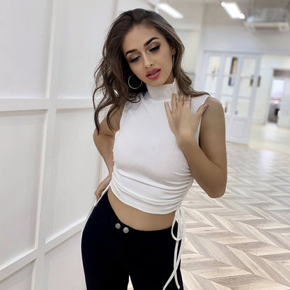 Knit High Collar Drawstring Sweaters Crop Tops Blouses