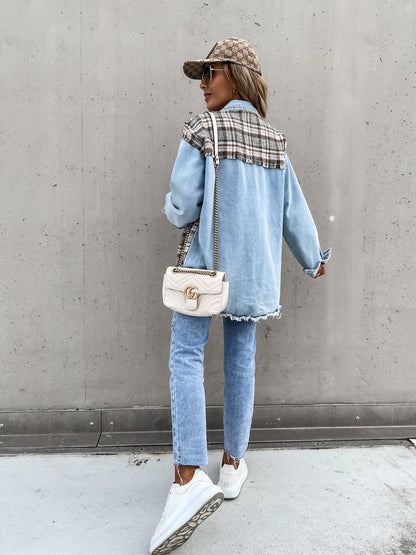 Single-breasted Pile Collar Grid Pattern Denim Outerwear Cardigans